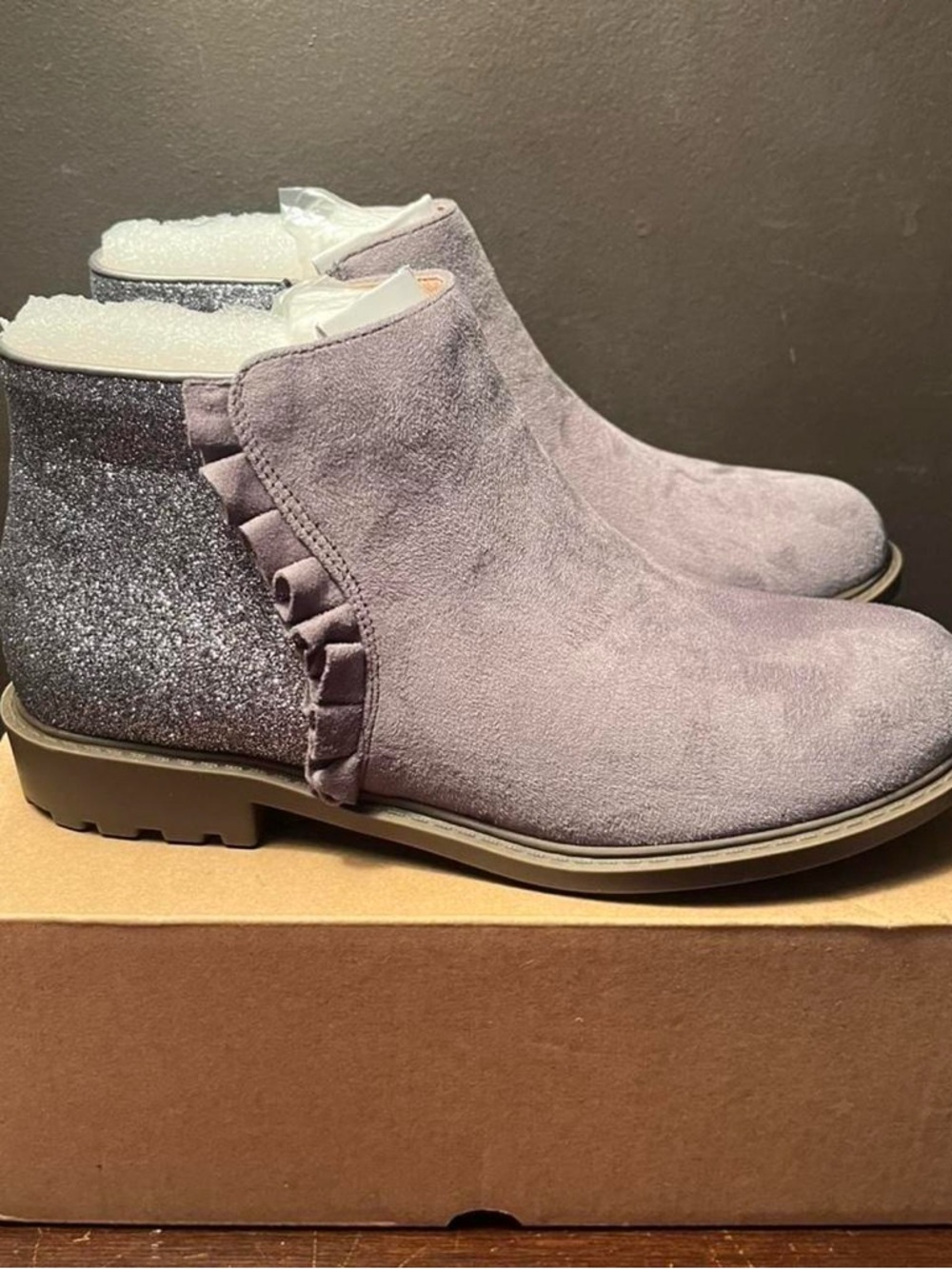 Girls' Lavender Suede Ruffle Ankle Boots with Glitter Heel
